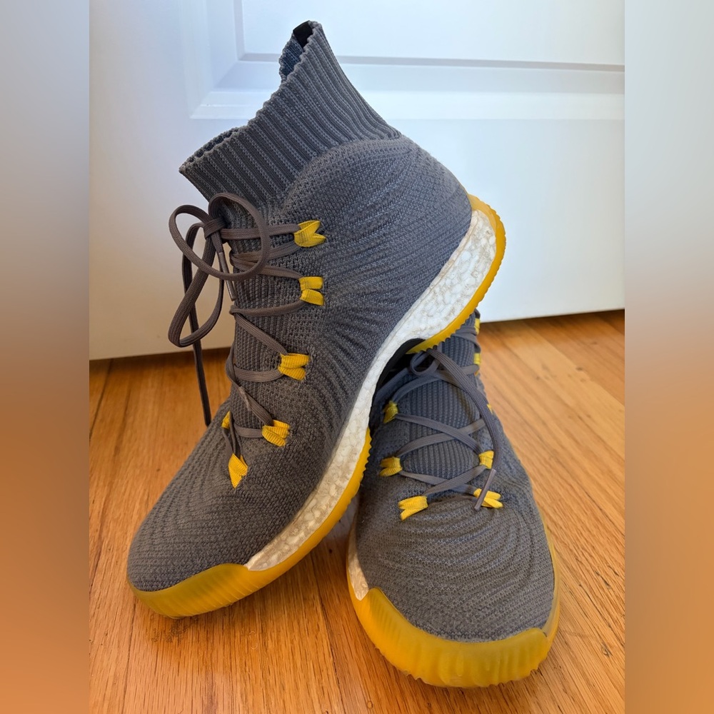 adidas men’s Crazy Explosive 2017 Primeknit sneakers in grey yellow